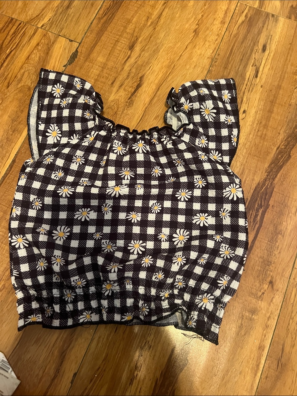 Girls Black Gingham Daisy Ruffle Short Sleeve Top